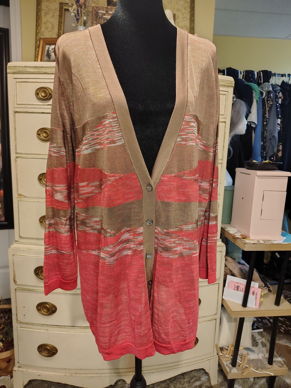 Lightweight Coral and Taupe Striped Women's Cardigan